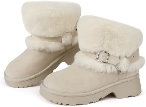 Furry Winter Boots for Women Block Heels Platform Buckle Slip On