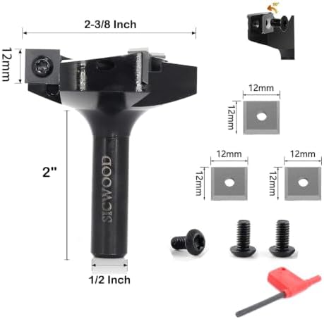 Slab Flattening Router Bits 1/2 Shank, 2-3/8" Cut Diameter, 12*12*1.5mm Carbide Insert, for CNC Spoilboard Surfacing/Planing/Flycutter/ Slab Leveler/Rabbeting