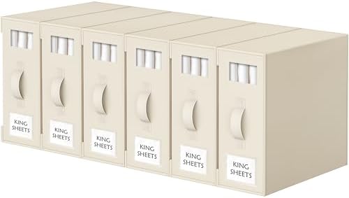 Criusia Bed Sheet Organizers and Storage, 6 Pack Foldable Linen Closet Organizer Box – Bedding Holder for Sheet Set (King/Queen Sizes), Duvet Covers, Blankets (Beige)