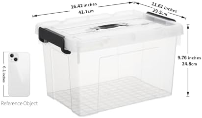 Cetomo Lidded Storage Bin with Handle, Storage Bins with Lid, Organizing Container with Secure Latching Buckles, Stackable and Nestable, Plastic, 25 Quart-4 Pack, Clear
