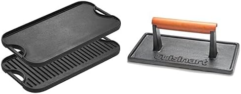 Lodge LPGI3 Cast Iron Reversible Grill/Griddle, 20-inch x 10.44-inch, Black & Cuisinart CGPR-221 Cast Iron Grill Press (Wood Handle), Weighs 2.1-pounds