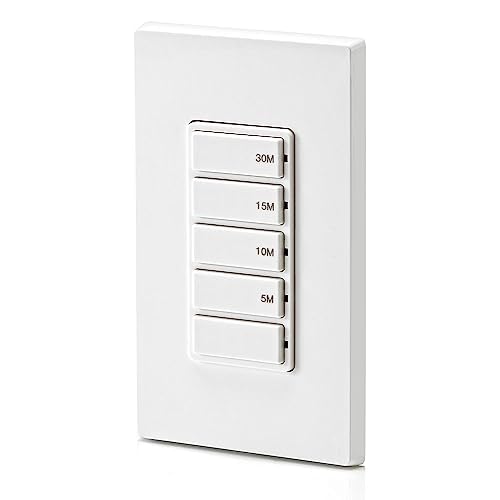 Leviton Countdown Switch for bathroom household lights, 5-10-15-30 min, Neutral Wire Required, 20A, 1HP/16A Fan/Motor, Single Pole, Multi-Way or Multi-Timer, DT230-1LW, White