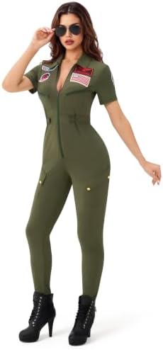 Spooktacular Creations Fighter Pilot Bodysuit Women, Womens Halloween Costumes 2026, Green Pilot Air Force Costume for Cos