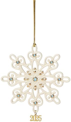 Lenox Ornament, 2025 Gemmed Snowflake Ornament, Porcelain with Gold Accents and Blue Gemstones, Christmas Tree Decorations, Christmas Decoration, Gold Cord for Hanging Included (Cream, 1 Piece)