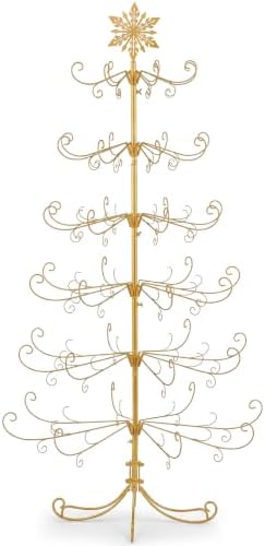 6 Ft Metal Christmas Tree Stand with Snowflake Top, Wrought Ironwork, Gold