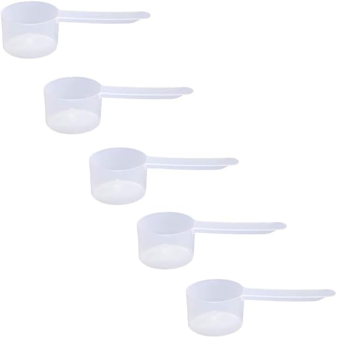 32cc Long Handle Measuring Scoop (32mL) - Heavy-Duty Plastic Spoon for Powders, Protein, Coffee, and Baking, 5-Pack