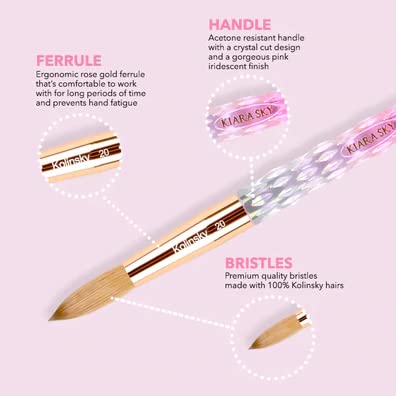 Kiara Sky Kolinsky Acrylic Nail Brush #18 – Pure Kolinsky Sable Hair, Pink Crystal Handle, Acetone Resistant, for Acrylic Application, Extensions & 3D Nail Art