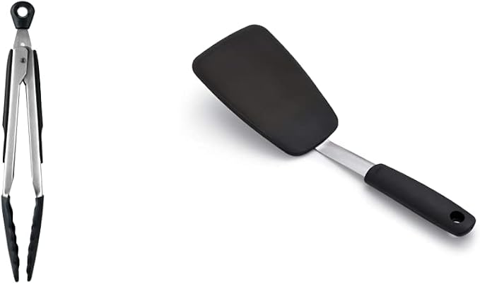 OXO Good Grips 9-Inch Tongs with Silicone Heads, Black and OXO Good Grips Large Silicone Turner, Stainless Steel Bundle