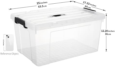 Cetomo Lidded Storage Bin with Handle, Storage Bins with Lid, Organizing Container with Secure Latching Buckles, Stackable and Nestable, Plastic, 72 Quart-6 Pack, Clear