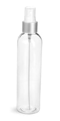 8 oz Clear PET Cosmo Round Bottles w/White Sprayers w/Brushed Aluminum Collars