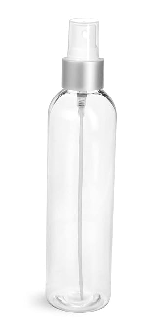 8 oz Clear PET Cosmo Round Bottles w/White Sprayers w/Brushed Aluminum Collars