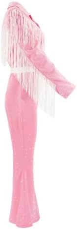 Women's Queen of Country Singer Costume Halloween Pink Fringe Bodysuit
