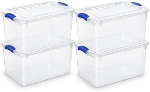 Storage Bin 66 Qt 4-Pack, Clear Latching Plastic Tote Blue