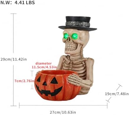 Halloween Glowing Eye Skeleton Statue with Pumpkin Candy Bowl