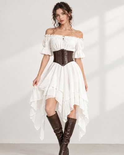 8 Pcs Pirate Costume Women Renaissance Dress Set, Medieval Pirate Outfit for Women with Corset Belt and Accessories