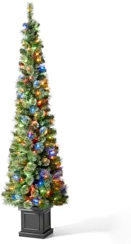 Glitzhome 7 FT Pre-Lit Artificial Christmas Tree, Lighted Entrance Tree Green Pine Christmas Porch Tree with 200 Warm White Lights,9 Functional Warm White/Multi-Color, Remote Controller