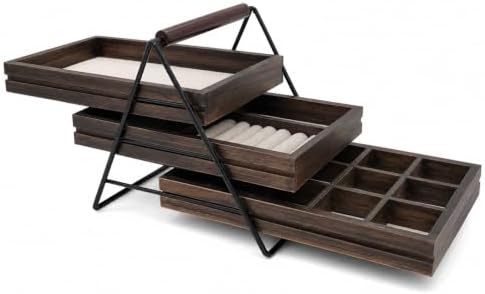 3 Tiered Wood Jewelry Organizer Tray- Walnut Finish Jewelry Storage Organizer for Rings, Watches, Bracelets, Earrings, Necklaces, and Accessories