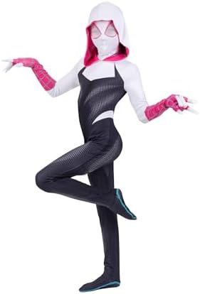 Marvel Spider-Gwen Official Youth Zentai Costume - Hooded Spandex Jumpsuit with Printed Design and Pull On Spandex Mask