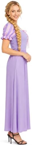 Rapunzel Costume Women Printed Purple Princess Dress Puff Sleeves Twirl Skirt Gown Halloween Cosplay Party Dress