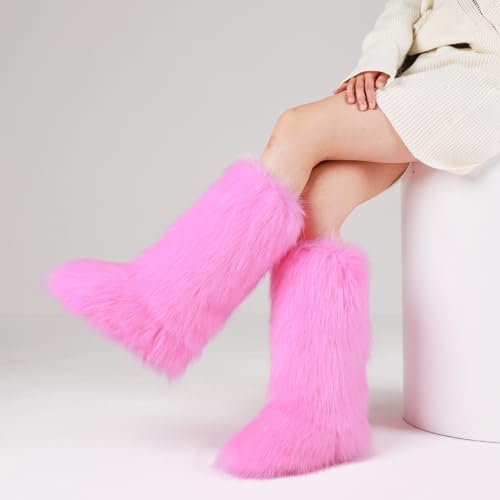 CELNEPHO Faux Fur Boots Knee High Furry Boots Fuzzy Winter Snow Shoes Flats