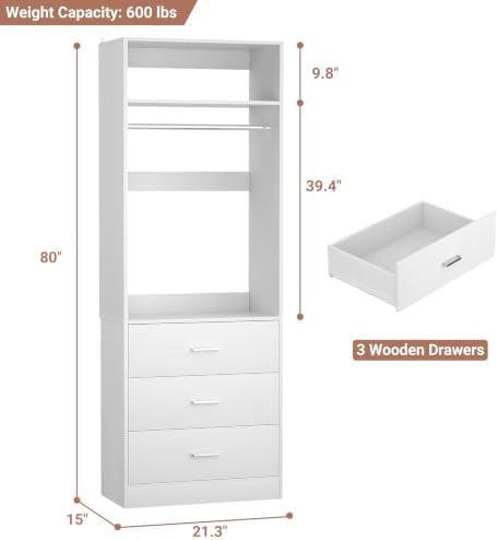 Besiost Freestanding Closet System with 3 Drawers, Wood Closet Organizer