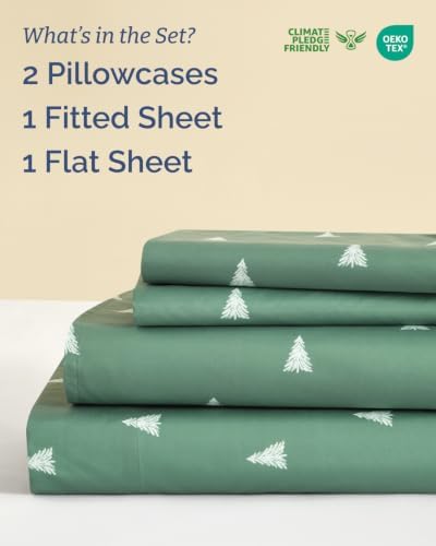 Christmas Sheet Set, Sage Pine Trees, Holiday Xmas Bedding Set - Cal King