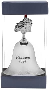 Wallace Grande Baroque Silver Plated Christmas Bell Ornament 2024-30th Anniversary Edition with Santa Sleigh Finial, Collectible Holiday Tree and Mantel Decor