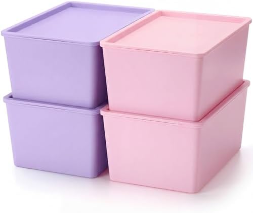 Menkxi 4 Pcs Storage Bins with Lids, Pink, Purple, Large