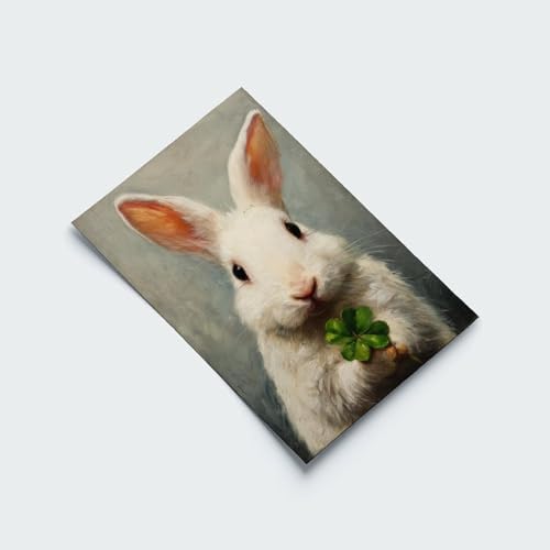 JDBeehpy Easter Rabbit (Unframed, Canvas Only) Canvas Mural Cute White Rabbit Clover Printing Spring Prints Oil Painting Art Style Green Festival Theme Art Prints 20x30inch(50x75cm)