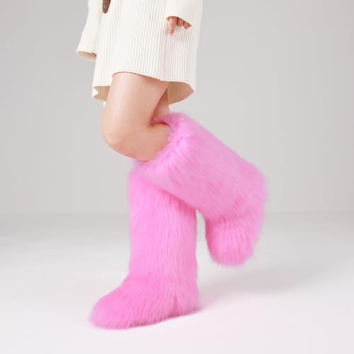 CELNEPHO Faux Fur Boots Knee High Furry Boots Fuzzy Winter Snow Shoes Flats
