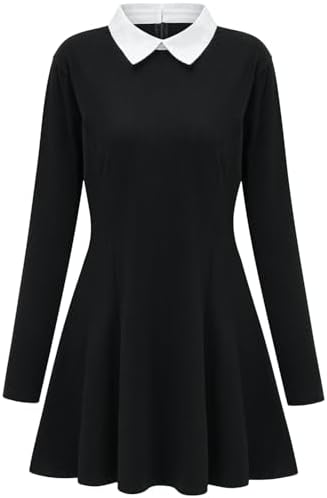 Halloween Costumes for Women 2026 - White Collar Long Sleeve Black Dress