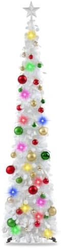 N&T NIETING Pop Up Christmas Tree with Lights & 30 Balls, 5Ft Collapsible White Tinsel Skinny Tree Decorations for Holiday Xmas Home Office Decor