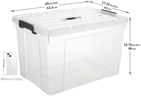 Cetomo Lidded Storage Bin with Handle, Storage Bins with Lid, Organizing Container with Secure Latching Buckles, Stackable and Nestable, Plastic, 95 Quart-4 Pack, Clear