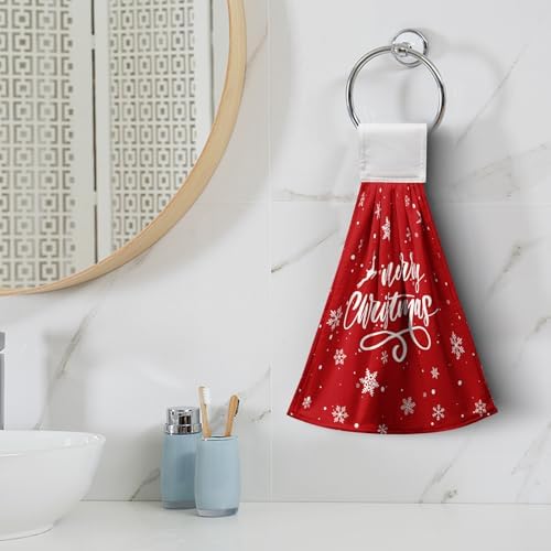 Merry Christmas Kitchen Hanging Towels Red Xmas Tree Hand Towels with Hanging Loop Fast Drying Hanging Towel Oven Stove Dish Washcloth Soft Absorbent Fingertip Bath Tie Towel Set of 2