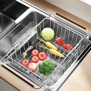 Small Dish Drying Rack in Sink, Extendable Stainless Steel Dish Drainers for Kitchen Counter, Anti-Rust Dish Dryer Rack with Utensil & Cup Holders, for Inside Sink, Over The Sink(for 1-2 People)