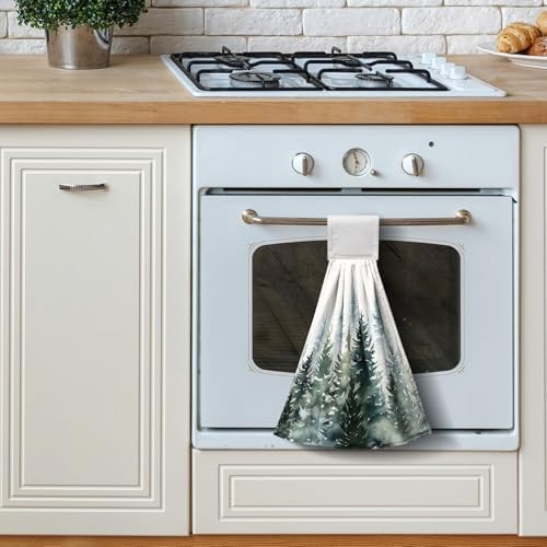 Watercolor Green Tree Hanging Hand Towels Christmas Pine Tree Kitchen Tie Towel Rustic Nature Forest Hand Towels with Hook Loops Winter Hanging Kitchen Towel Fast Drying Dish Tea Towels, 2pcs
