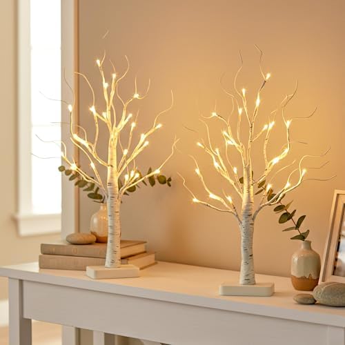 EAMBRITE Lighted Birch Tree with Led Lights, White Christmas Tree 2Pack