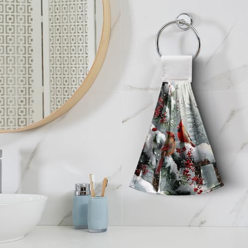 Winter Cardinal Hanging Kitchen Towels Christmas Red Birds Snow Holly Hand Towels with Hanging Loop Xmas Oven Stove Dish Towels Soft Absorbent Bath Tie Towel for Farmhouse Decor Set of 2