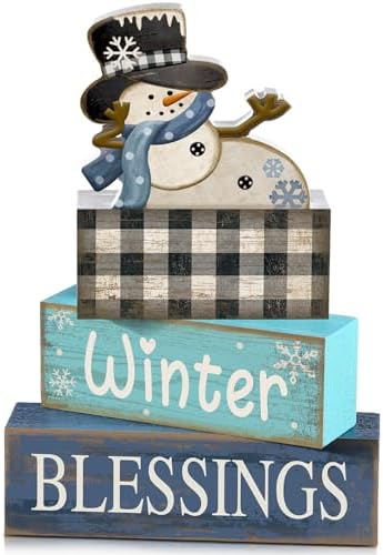 Moucuny 4 Pcs Winter Snowman Wooden Signs Farmhouse Tiered Tray Decor