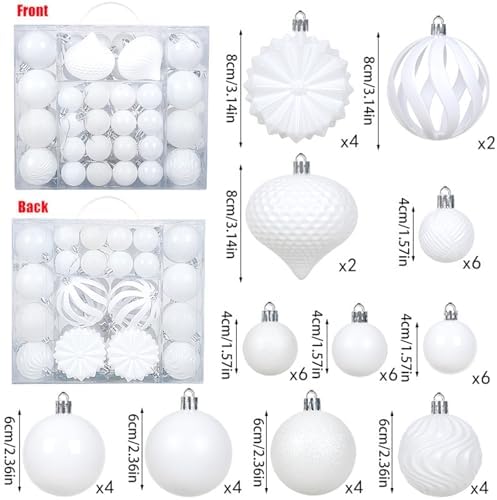 Christmas Tree Balls Ornaments Set, 48 Pcs Shatterproof Plastic Decorative Baubles Shiny Hanging Ball Ornaments for Xmas Tree Holiday Party Wedding Decoration, White