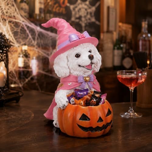 Halloween White Poodle Statue with Pumpkin Candy Bowl Tabletop Decor