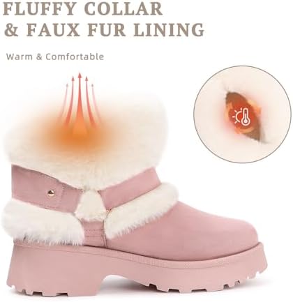 Furry Winter Boots for Women Block Heels Platform Buckle Slip On