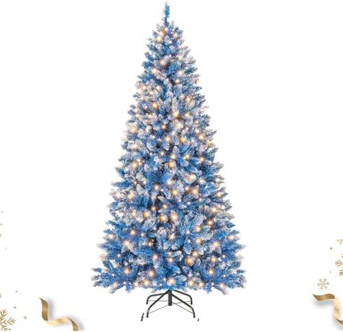 HAPPYGRILL 6 FT Pre-lit Christmas Tree Blue Hinged Artificial Xmas Tree with 270 Warm White LED Lights, 8 Modes, 767 Frosted Branch Tips, Folding Metal Base, for Home Party Holiday