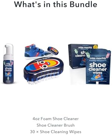 Messy Steppers Complete Shoe Care Kit, Foam Cleaner, Brush & 30 Wipes | Includes 4 Oz Foaming Sneaker Cleaner, Shoe Brush & 30 Cleaning Wipes; For Rubber, Canvas & Leather; Removes Dirt, Grass & Sc