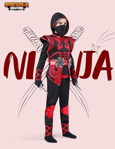 Spooktacular Creations Red Ninja Costume Set, Ninja Jumpsuit with Foam Accessories for Kids, Toddler Halloween Outfit for Ideas Cosplay Party (Medium, 8-10 yrs)