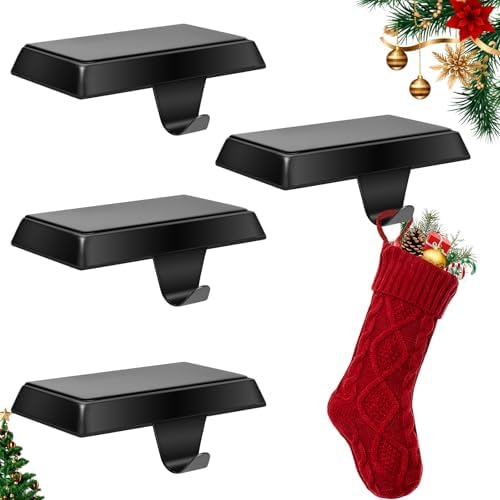 ONEXIZ 4 Pack Christmas Stocking Holders for Mantle Heavy Duty Stocking Hangers Stocking Hook Christmas Ornaments for Counter Tables Window Fireplace Mantle Decoration(Matt Black)
