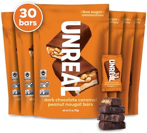 UNREAL Dark Chocolate Caramel Peanut Nougat Bars | 70% Organic Ingredients, Fair Trade, Non-GMO | No Corn Syrup, Sugar Alcohols, Soy | 6 Bags