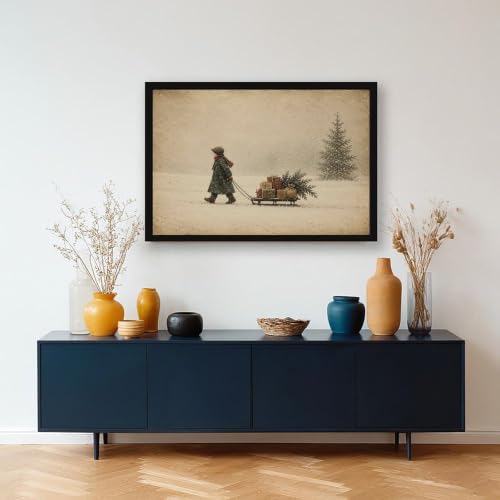 Vintage Child Sled Wrapped Boxes Evergreen Snow Christmas Canvas Wall Art