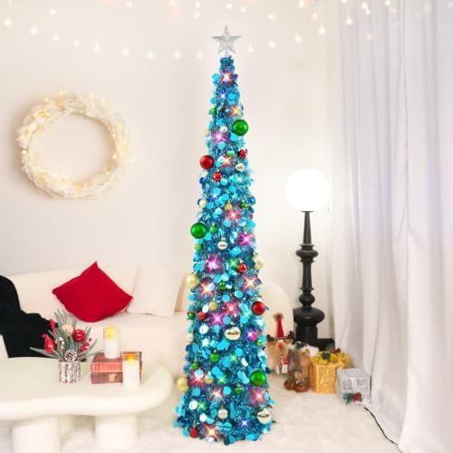 N&T NIETING Pop Up Christmas Tree with Lights & Ornaments, 6FT, Blue