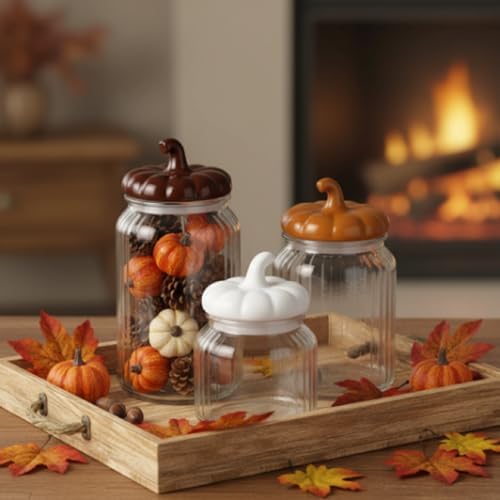 Mimorou 3 Set Fall Glass Jar with Pumpkin Lid Fall Clear Candy Jar Food Storage Canister with Airtight Ceramic Lid for Thanksgiving Party Tea Cookie Table Decoration (White, Brown, Light Brown,Autumn)